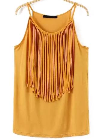 Romwe Yellow Spaghetti Strap Tassel Cami Top