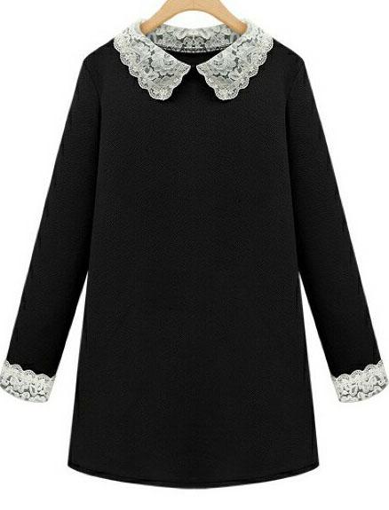 Romwe Black Contrast Lace Lapel Long Sleeve Dress