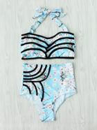 Romwe Calico Print Contrast Trim High Waist Bikini Set