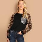 Romwe Sequin Pocket Front Leopard Raglan Sleeve Pullover