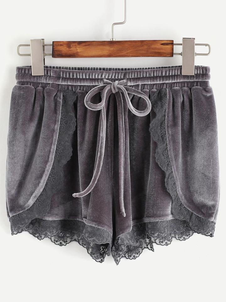 Romwe Grey Lace Trim Drawstring Waist Velvet Wrap Shorts