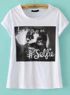 Romwe Cat Letters Print T-shirt