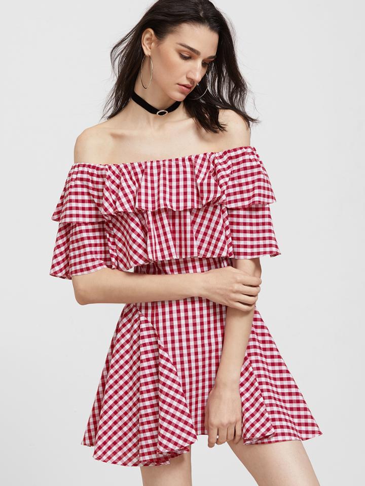 Romwe Red And White Gingham Off The Shoulder Layered Ruffle Dress