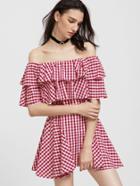 Romwe Red And White Gingham Off The Shoulder Layered Ruffle Dress