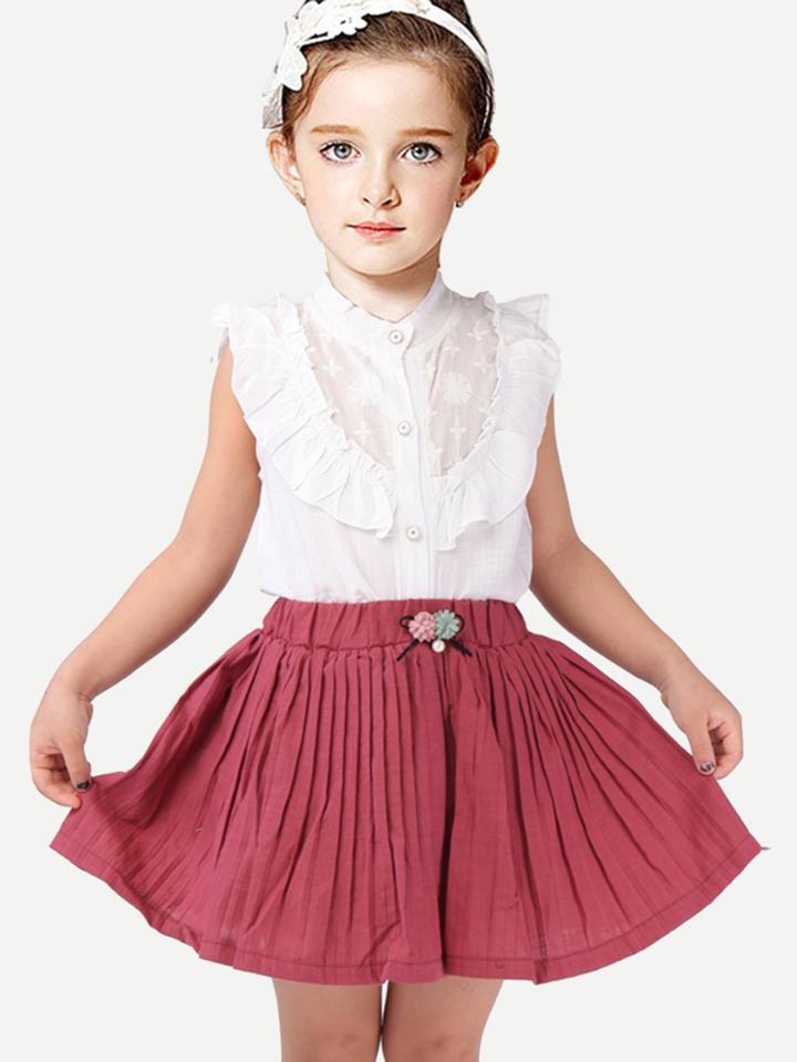 Romwe Ruffle Trim Embroidery Blouse With Pleated Skirt