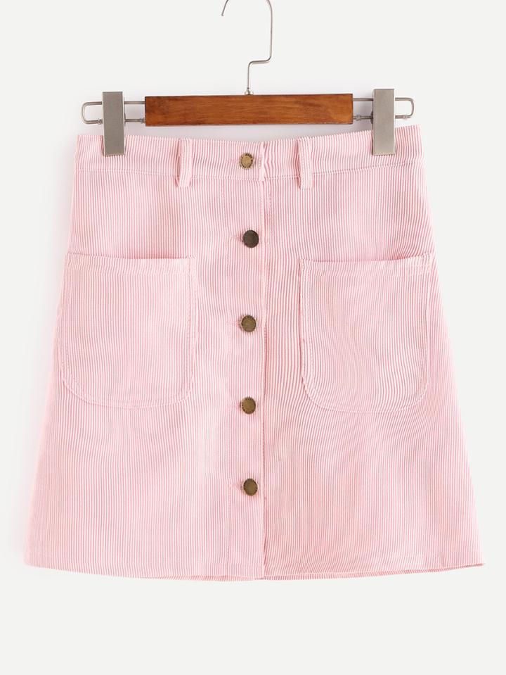 Romwe Pink A-line Corduroy Dual Pockets Skirt