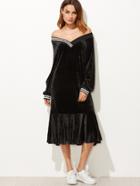 Romwe Black V Neck Striped Trim Ruffle Hem Velvet Dress