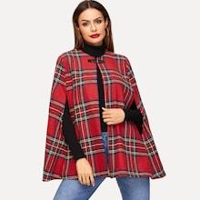 Romwe Buckle Strap Closure Plaid Cape Coat