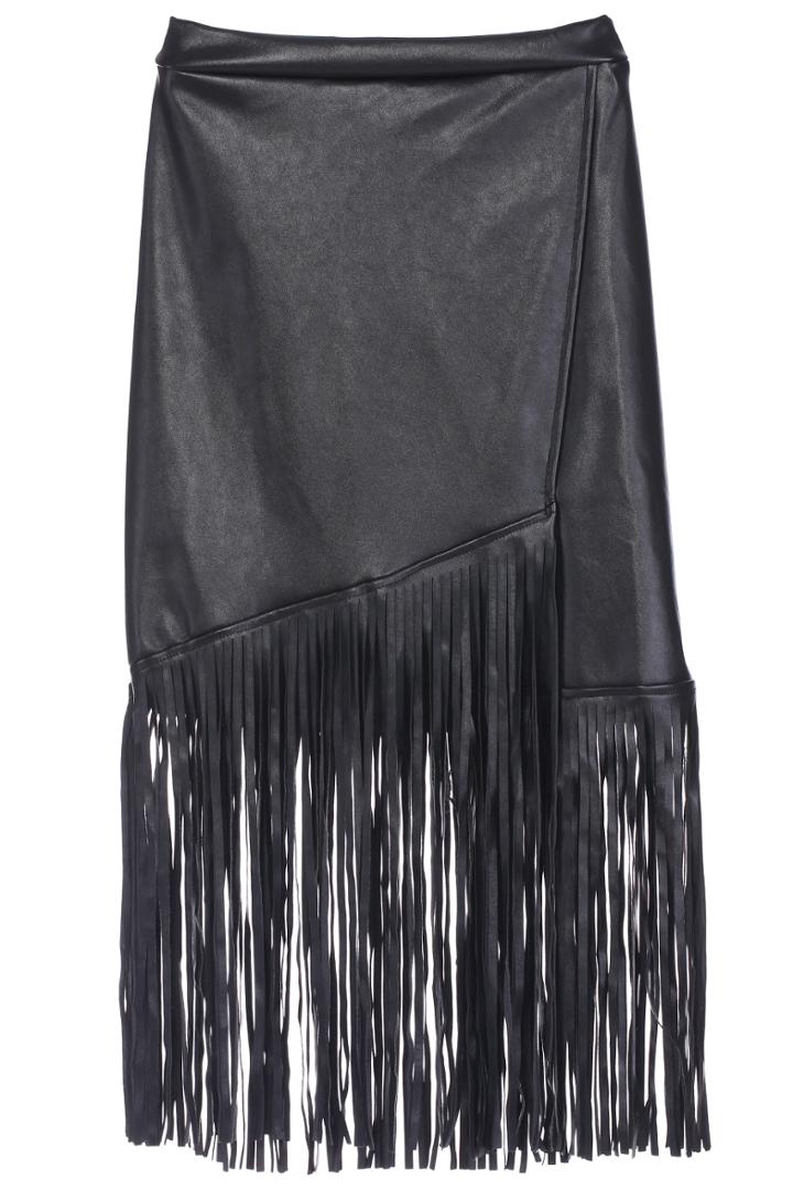 Romwe Pu Leather Tassel Midi Black Skirt