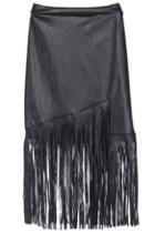 Romwe Pu Leather Tassel Midi Black Skirt