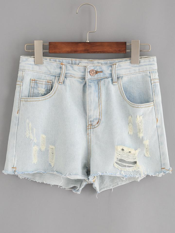 Romwe Light Blue Ripped Raw Hem Denim Shorts