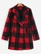 Romwe Red And Black Plaid Double Breasted Coat