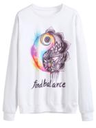 Romwe White Printed Long Sleeve Loose Sweatshirt