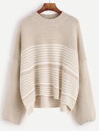 Romwe Apricot Drop Shoulder Striped Trim Sweater