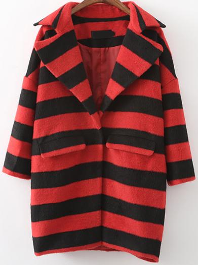 Romwe Lapel Striped Pockets Woolen Coat