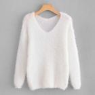 Romwe V-neck Solid Fuzzy Sweater