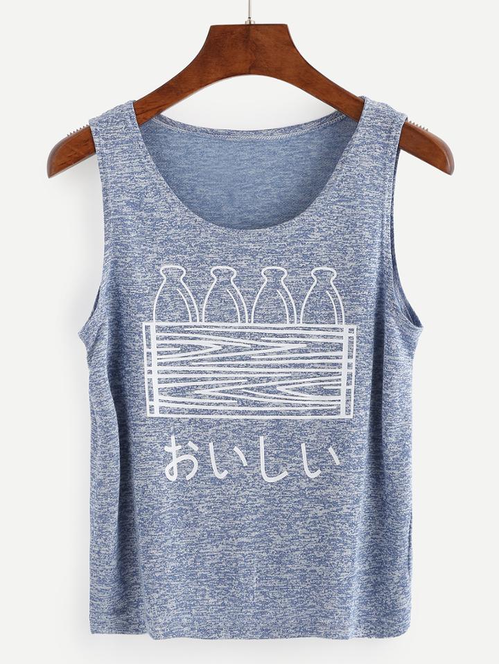 Romwe Bottle Print Tank Top - Blue
