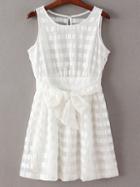 Romwe White Sleeveless Tie-waist Bow See-through Stripe Dress