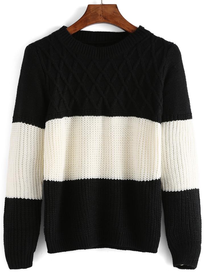 Romwe Women Long Sleeve Black White Sweater