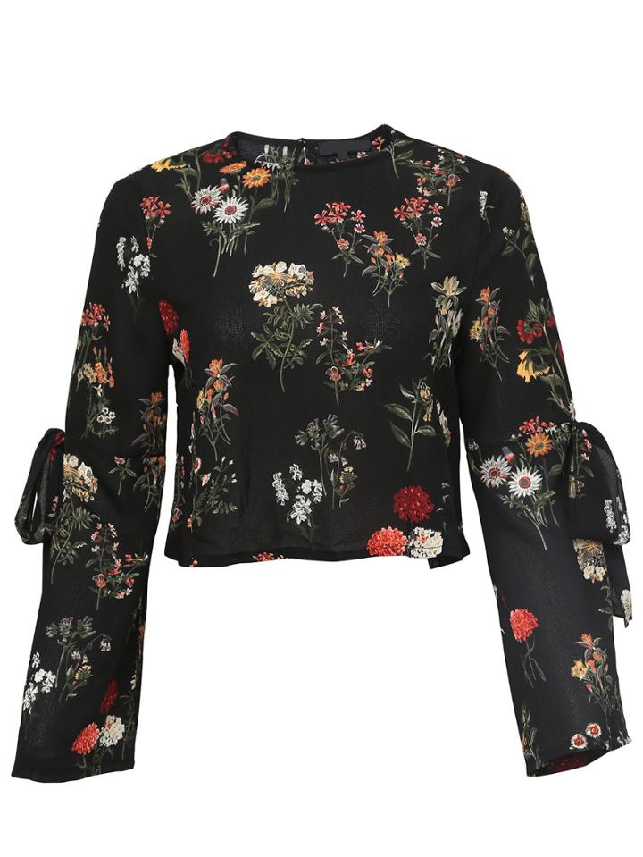 Romwe Black Floral Bow Tie Key-hole Back Blouse