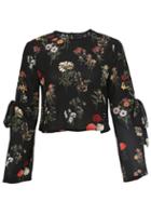 Romwe Black Floral Bow Tie Key-hole Back Blouse