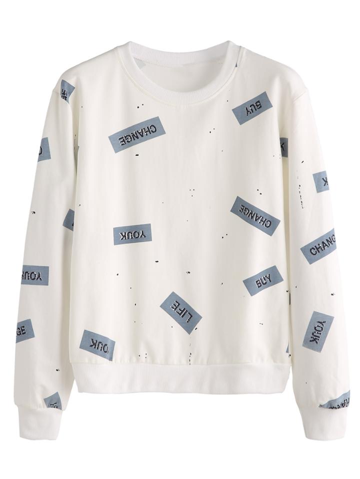 Romwe Beige Letter And Paint Splatter Print Sweatshirt