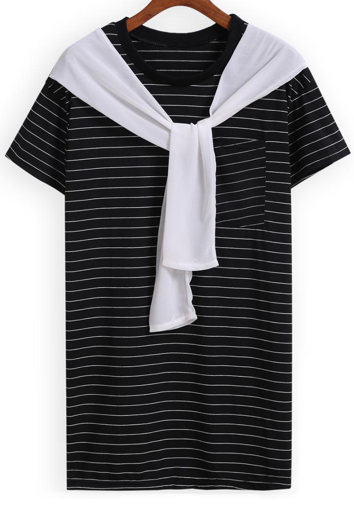 Romwe With Pocket Striped Black T-shirt