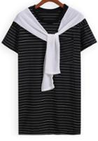 Romwe With Pocket Striped Black T-shirt