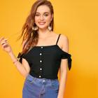 Romwe Button Front Cold Shoulder Tee