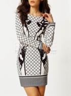 Romwe White Black Plaid Abstract Print Sheath Dress