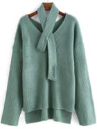 Romwe Dip Hem Green Sweater With Scarf