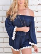 Romwe Navy Shirred Off The Shoulder Lace Trim Romper
