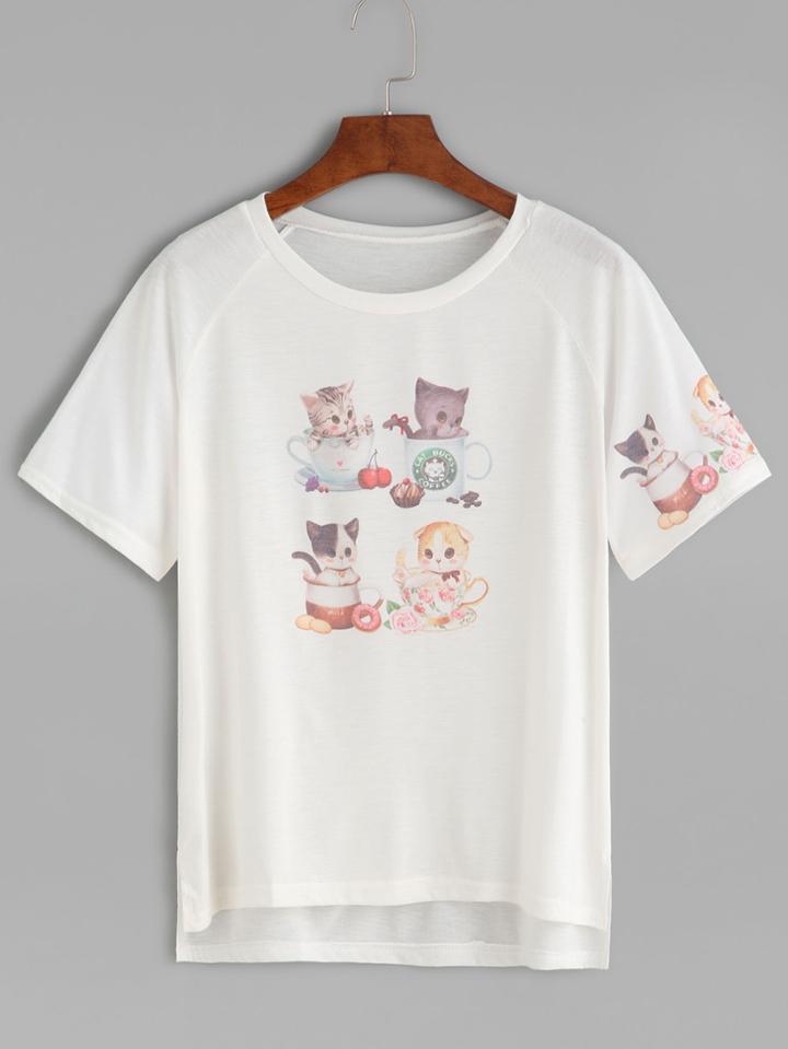 Romwe White Teacup Cats Print High Low T-shirt
