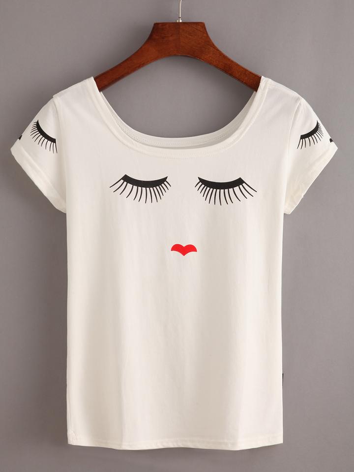 Romwe Eyelash & Lip Print T-shirt