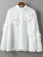 Romwe Stand Collar Disc Flowers Chiffon White Blouse