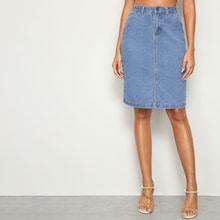 Romwe Slit Hem Straight Denim Skirt