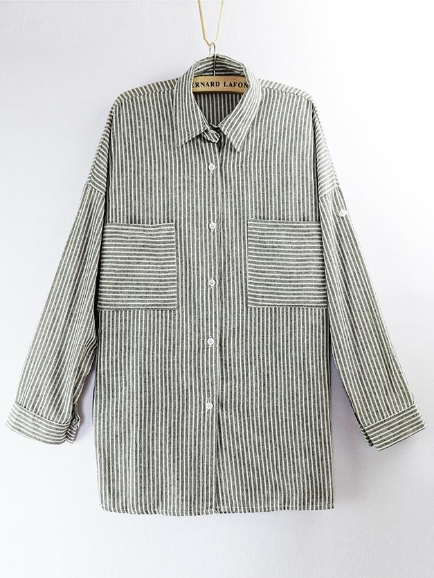 Romwe Lapel Striped Pockets Black Blouse