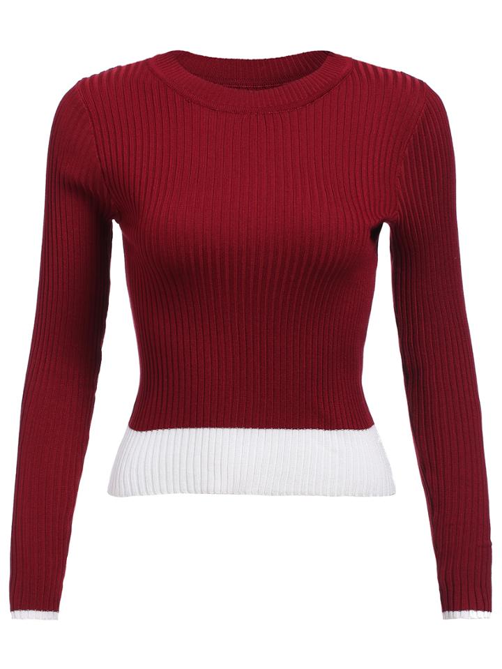Romwe Contrast Hem Slim Maroon Sweater