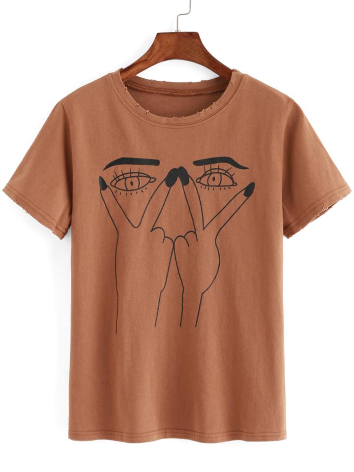 Romwe Eye Print Ripped T-shirt