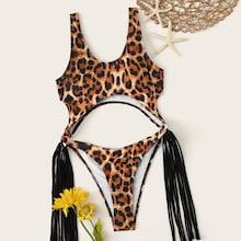 Romwe Leopard Print Fringe Detail Cutout Monokini