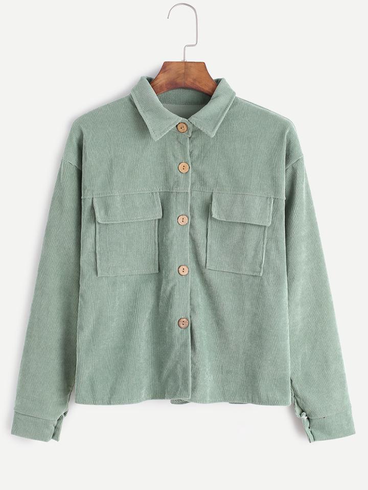 Romwe Pale Green Corduroy Dual Pocket Front Shirt