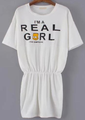Romwe Simpson Letter Print White Dress