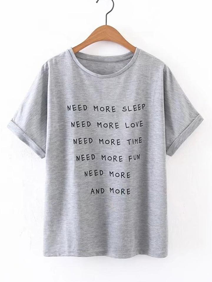 Romwe Rolled Cuff Slogan Print Tee