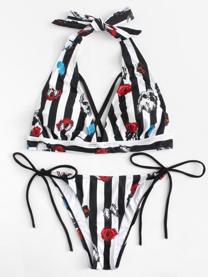 Romwe Rose Print Striped Bikini Set