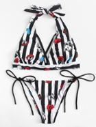 Romwe Rose Print Striped Bikini Set