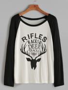 Romwe Black White Contrast Deer Print Raglan Sleeve T-shirt