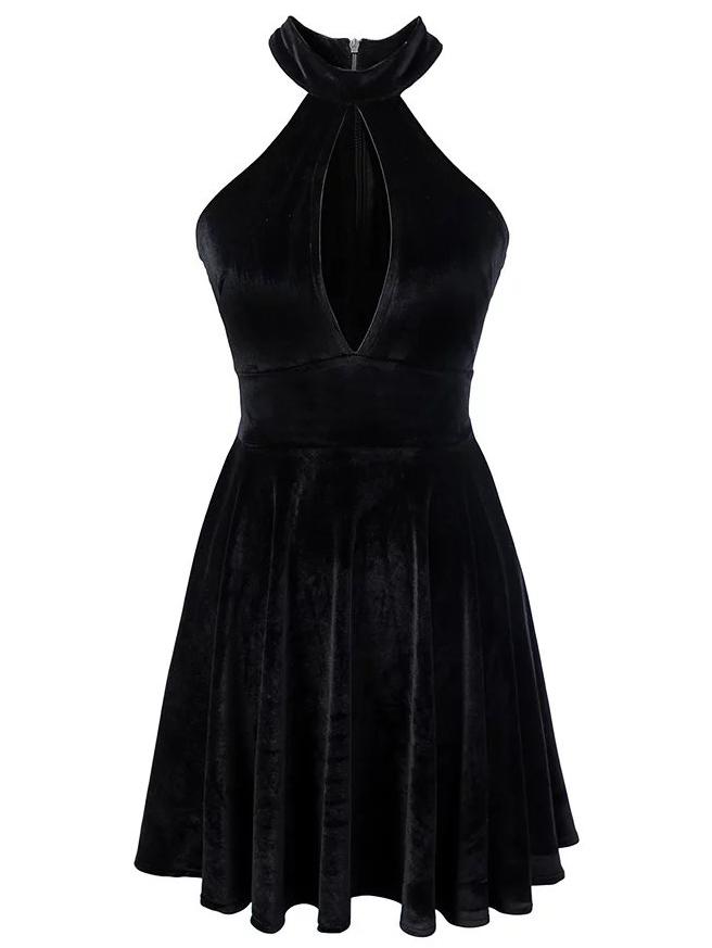 Romwe Black Halter Keyhole Velvet A Line Dress