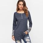 Romwe Tribal Cuff Longline Henley Shirt