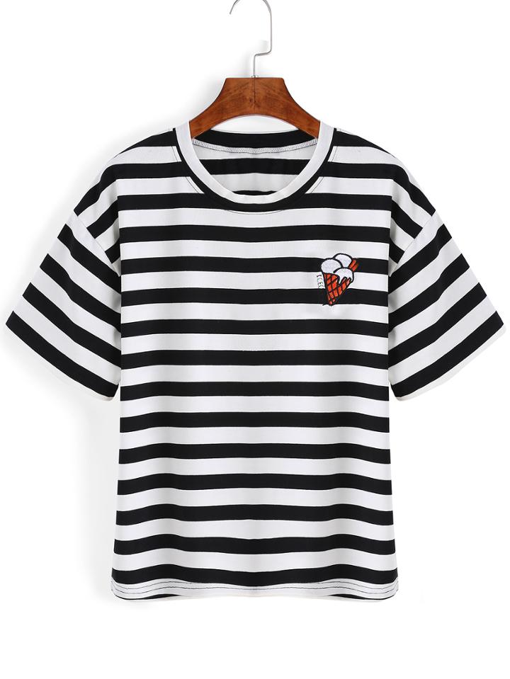 Romwe Striped Ice Cream Embroidered Black T-shirt