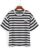 Romwe Striped Ice Cream Embroidered Black T-shirt